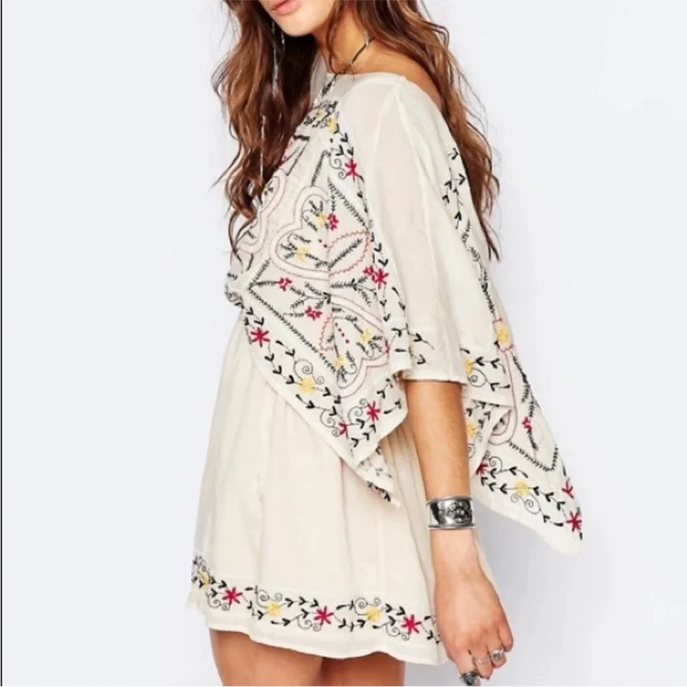 Free People Frida Embroidered Boho Mini Dress Cream XS Festival Peasant - Picture 2 of 13